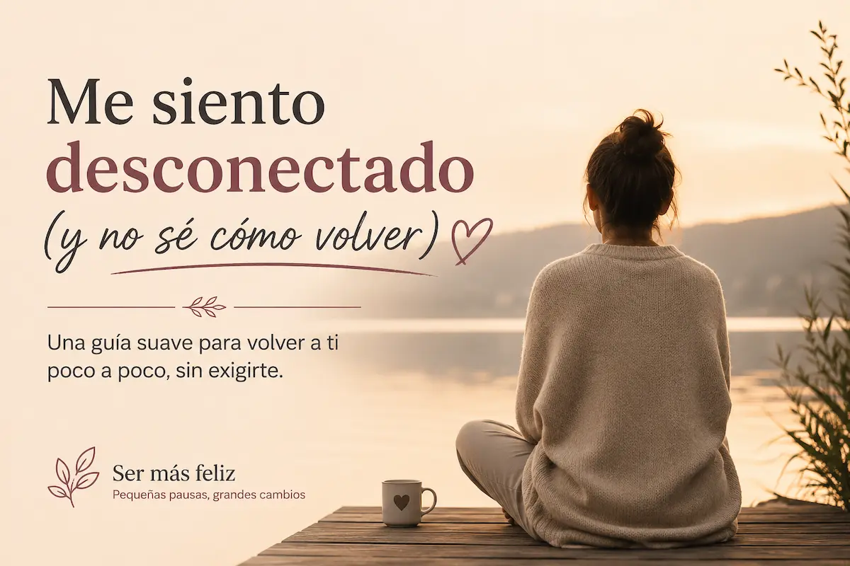 Mujer de espaldas sentada en un muelle frente a un lago al atardecer con el texto en español sobre sentirse desconectado y volver a ti poco a poco