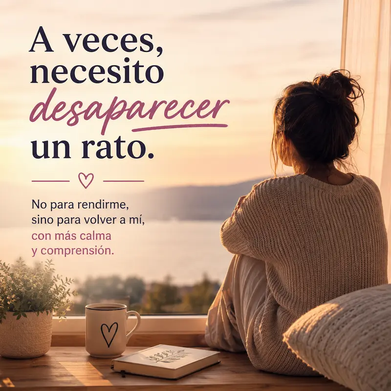 Necesito desaparecer un rato: persona sentada junto a una ventana al atardecer descansando emocionalmente.