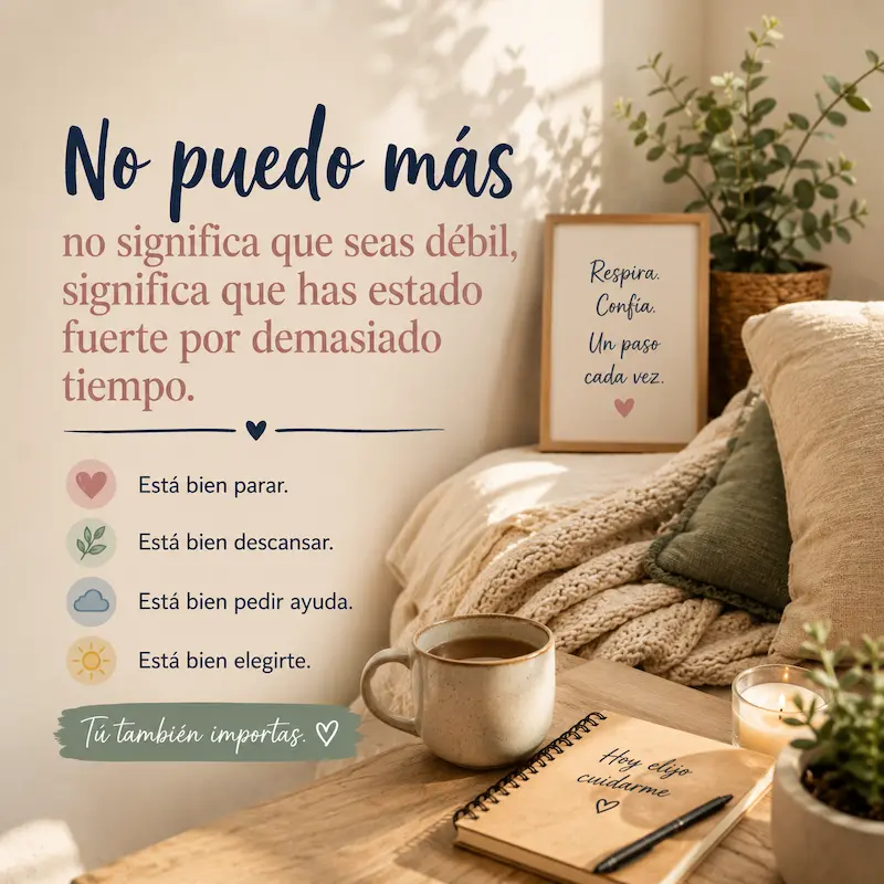 No puedo más: espacio tranquilo con una taza de café, una libreta y un mensaje de autocuidado que invita a bajar el ritmo y descansar.