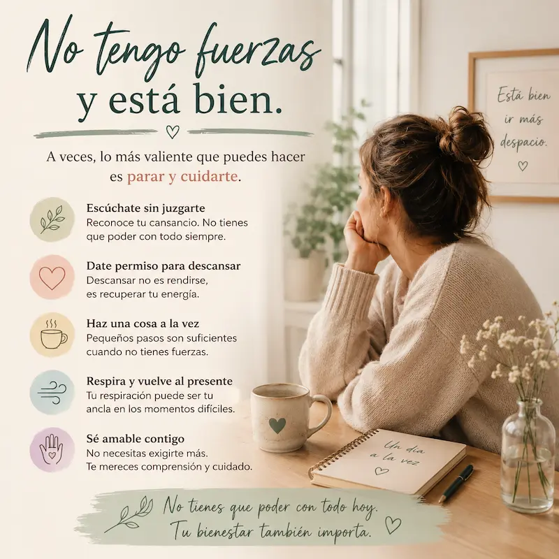 No tengo fuerzas: práctica suave de autocuidado para reconocer el cansancio emocional, descansar y avanzar más despacio cuando falta energía.