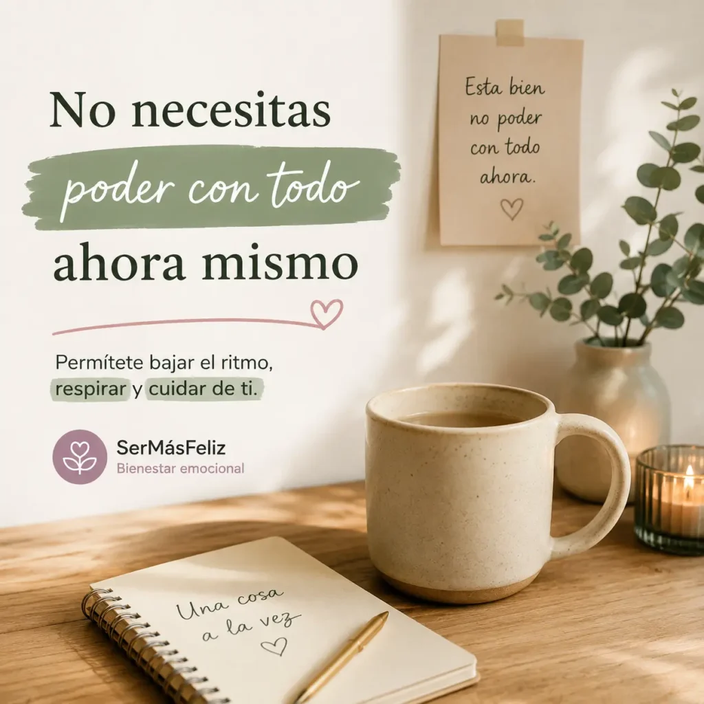 Escena tranquila con una taza de té y un cuaderno que representa la sensación de sentirse superado por todo y la necesidad de recuperar la calma.