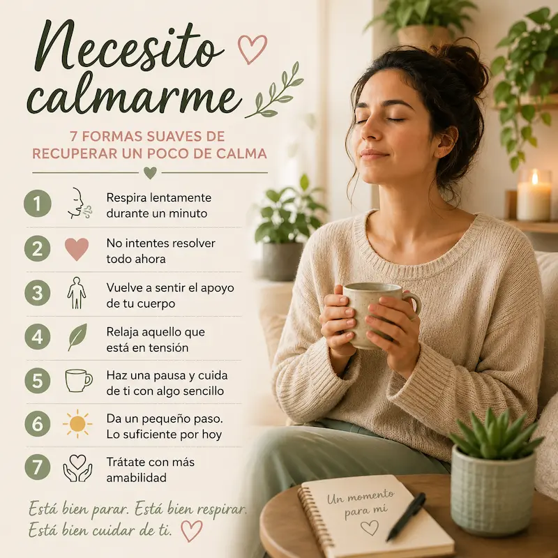 Necesito calmarme: persona respirando con tranquilidad mientras recupera la calma mediante pequeñas prácticas de autocuidado.