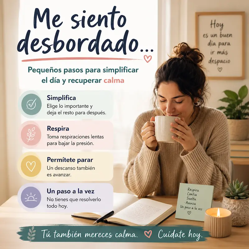 Me siento desbordado: persona respirando con calma mientras simplifica sus tareas para reducir la presión y recuperar el equilibrio.
